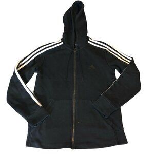ADIDAS Womens Black Cotton Fleece Lined 3 Stripes Full Zip Hoodie Sz M